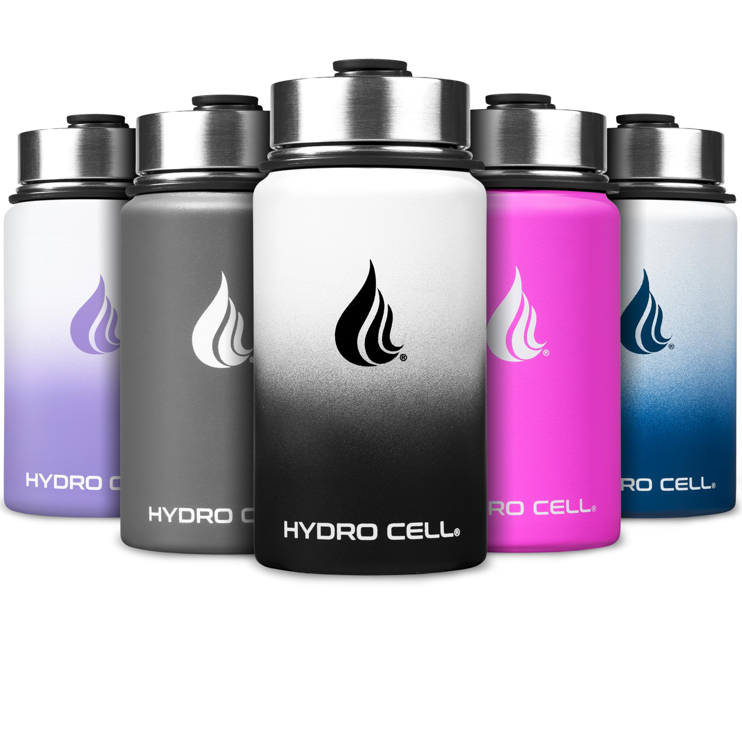 HYDRO CELL Stainless Steel Insulated Water Bottle with Straw - For Cold & Hot Drinks - Metal Vacuum Flask with Screw Cap and Modern Leakproof Sport Thermos for Adults (Black/White 14oz)