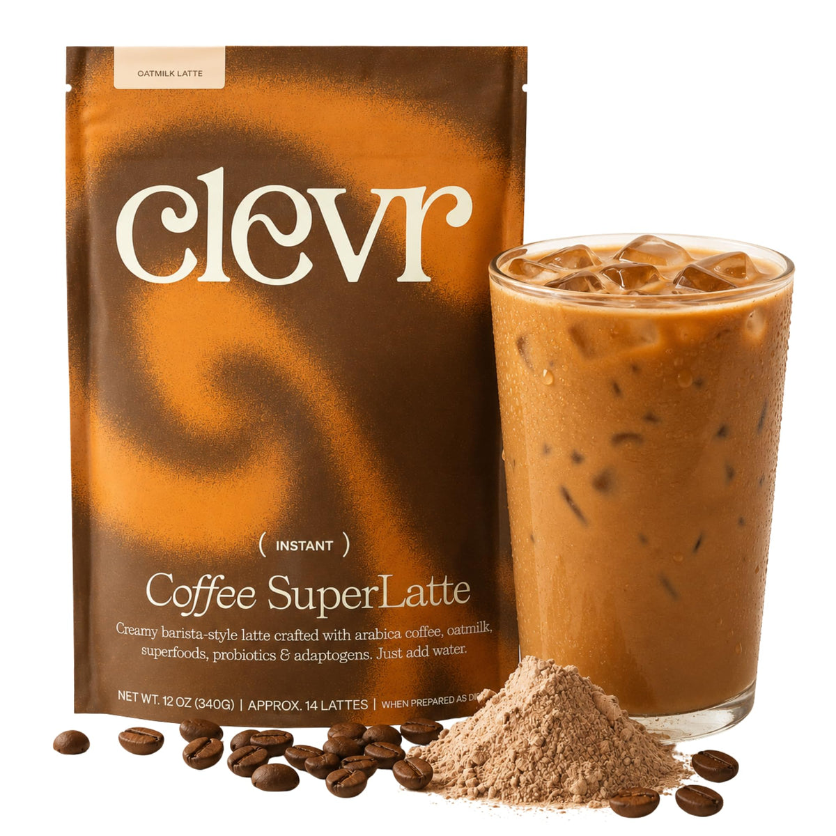 Clevr Turmeric Powder, Golden Milk Instant Latte Mix, Superfood Powder with Lions Mane, Reishi Mushroom, Organic Spices, Coconut Cream, Ashwagandha, Serve Hot or Iced, (14 Lattes)