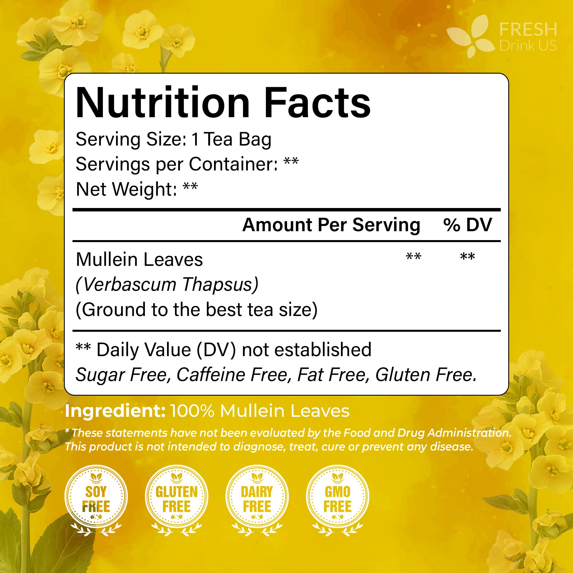 FreshDrinkUS, Premium Mullein Leaf Tea - 10 Bags, 100% Natural & Pure. Made with Eco-Conscious Tea Bags. No Sugar, No Caffeine, No Gluten, Vegan.