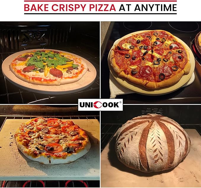 Unicook Pizza Stone for Oven and BBQ Grill, 13 Inch Square Baking Stone for Bread, Cordierite Thermal Shock Resistant Pizza Making Accessory for Oven and Grill, Including Dough Scraper