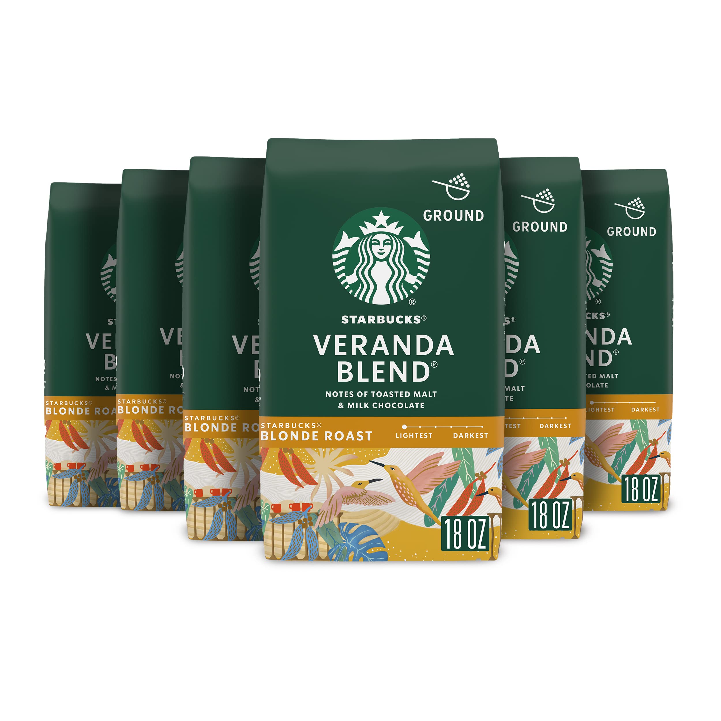 Starbucks Ground Coffee, Blonde Roast Hot or Iced Coffee, Veranda Blend, Six 18 oz Bags