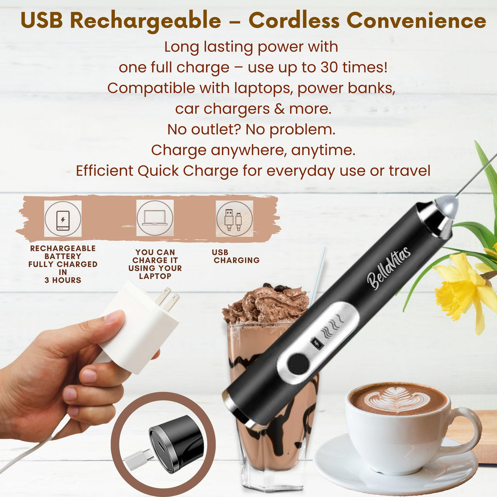 BellaVitas Milk Frother Handheld Rechargeable 3-Speed Electric Frother Wand Whisk Foam Maker Drink Mixer with Stand, 2 Whisks, Spice Shaker, Art Stencils, Art Pen for Coffee Latte, Cappuccino, Black