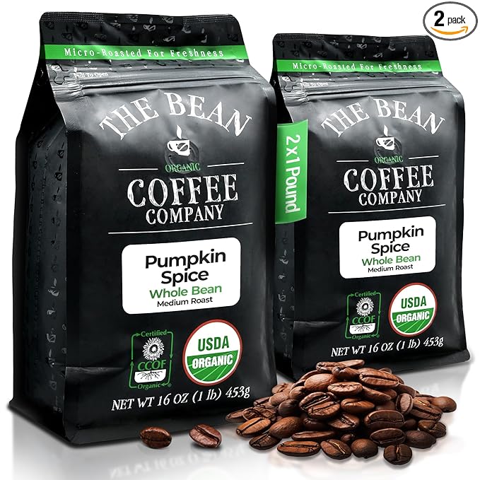 The Bean Organic Coffee Company Pumpkin Spice, Medium Roast, Whole Bean Coffee, 16-Ounce Bags (Pack of 2)