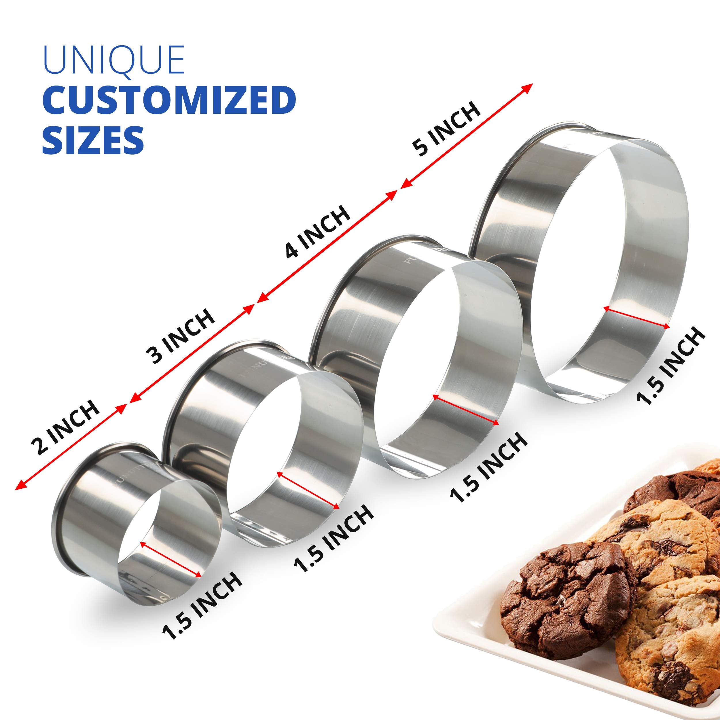 Cookie Cutter Set, 4 Pc. Kit, Measuring 2'', 3'', 4'' and 5'', Round Metal Baking Rings for Pastry, Biscuits, and Dough Cutting, Heavy Duty and Reusable, Multiple Sizes