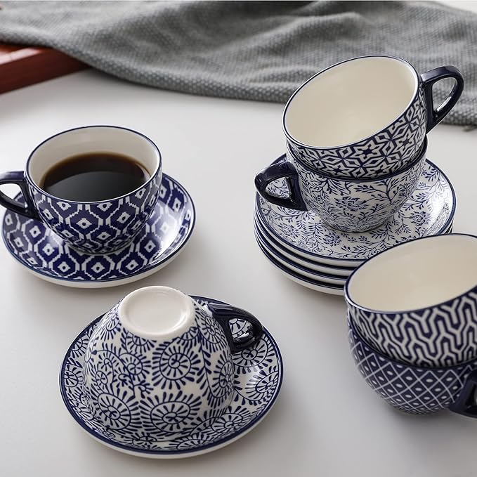 Selamica Ceramic 8 oz Cappuccino Cup Set with Saucers, Espresso Coffee Cups, Latte Macchiato for Party Cafe Home, Set of 6, Vintage Blue