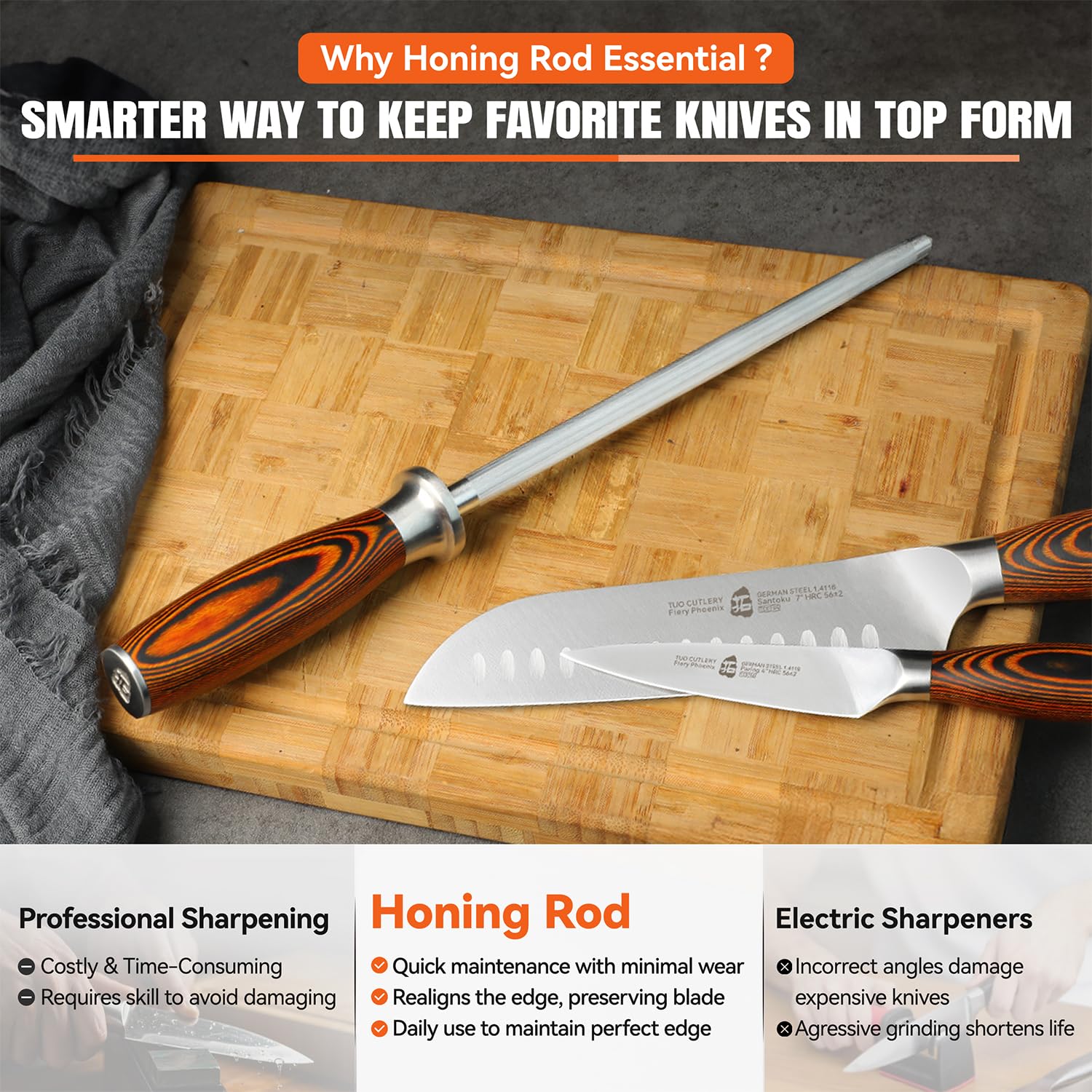 TUO Honing Rod, Sharpening Steel with Larger Diameter for Kitchen Knife Daily Honing Maintenance, High Carbon Steel 8" Knife Sharpener Rod, Ergonomic Handle