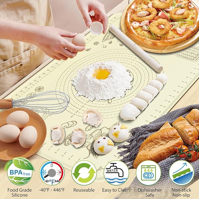 Silicone Baking Mat 32" x 24", Extra Thick Silicone Pastry Mat with Measurements and Edge Heightening, Non-stick Food Grade Dough Rolling Matfor for Pastry, Bread, Cookies, Pizza, Fondant, Pasta
