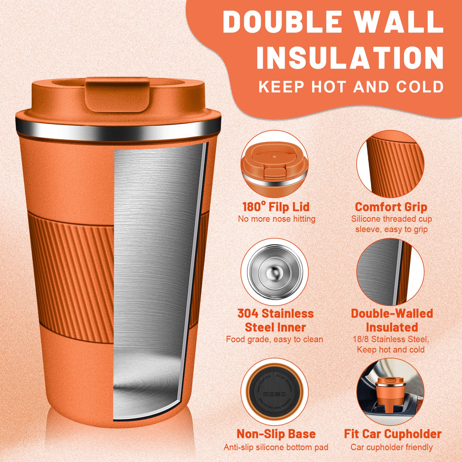 DUBUXW Insulated Coffee Tumblers with Flip Lid 12oz / 17oz, Stainless Steel Coffee Mug Leak Proof, Vacuum Insulated Coffee Mug Reusable Cup, Keeps Cold and Hot for Coffee Tea
