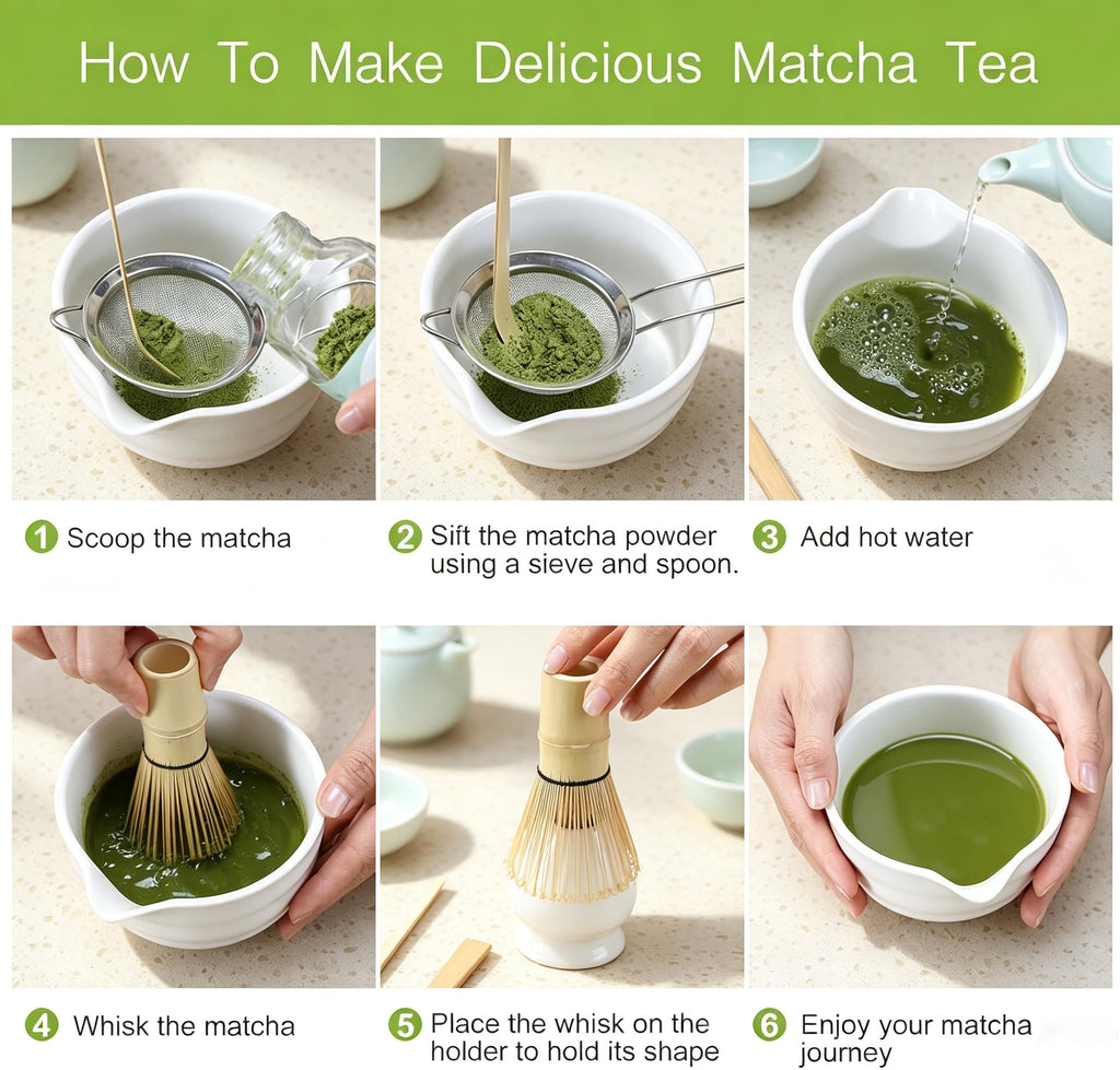 6 Pcs Matcha Set - Matcha Whisk Set & Matcha Bowl Set with Bamboo Scoop, Stainless Steel Sifter, 19 oz Ceramic Pouring Bowl, Matcha Spoon, Whisk Holder - Japanese Tea Ceremony Kit for Gifts (White)
