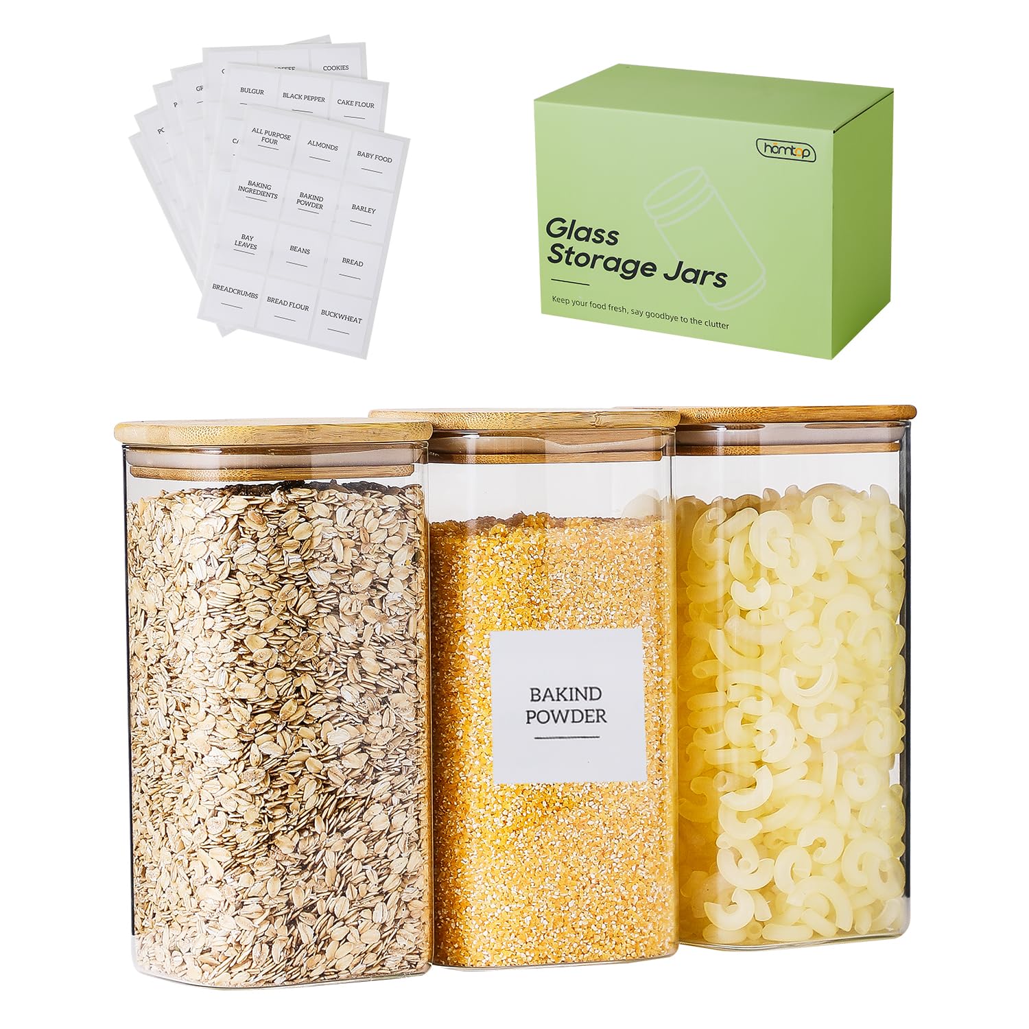 Homtop Glass Food Storage Containers with Lids, 50 Oz High Borosilicate Glass Jars for Coffee Bean, Candy, Cookie, Flour, Square