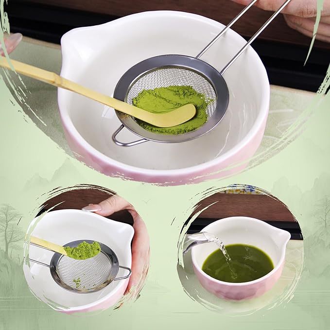 7-Pcs Matcha Whisk Set - Ceramic Matcha Set Includes Bowl,Whisk,Holder,Bamboo Scoop,Scoop Rest,Sifter & Tea Towel – Japanese Traditional Tea Kit for Beginners & Tea Lovers (Gradient Pink)