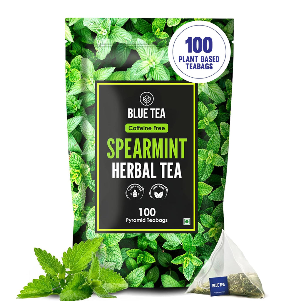 BLUE TEA - Spearmint Tea - 100 Count - Pyramid Plant Based Tea Bag | PCOS RELIEF | Balances Hormones - Support Digestion | Refreshing Flavour - Herbal Tea - Leaf Based - Caffeine free | Ziplock Pouch