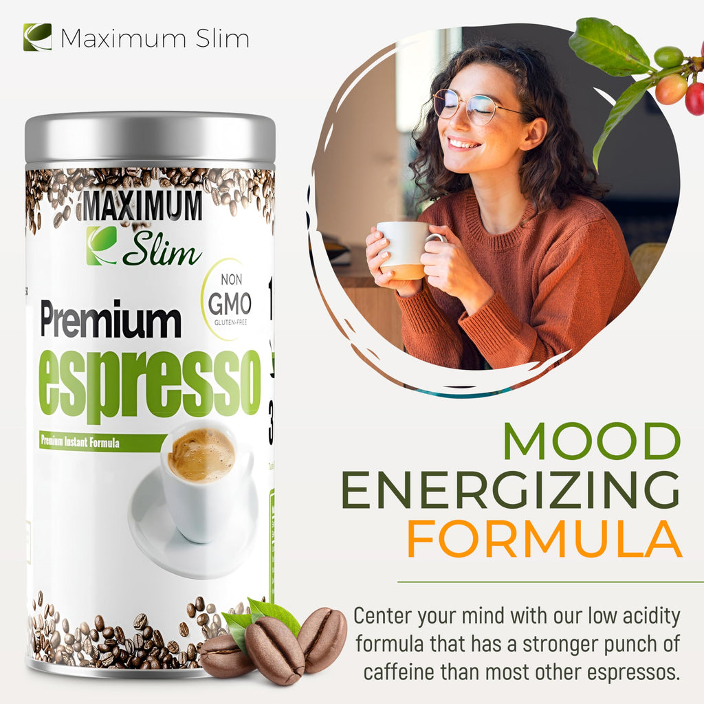Maximum Slim Premio Instant Espresso Powder – Bold & Rich Flavor 100% Arabica Beans - Non-GMO, Gluten-Free – Premium Medium Roast Coffee 14.1 oz Resealable Jar = Café Instantáneo