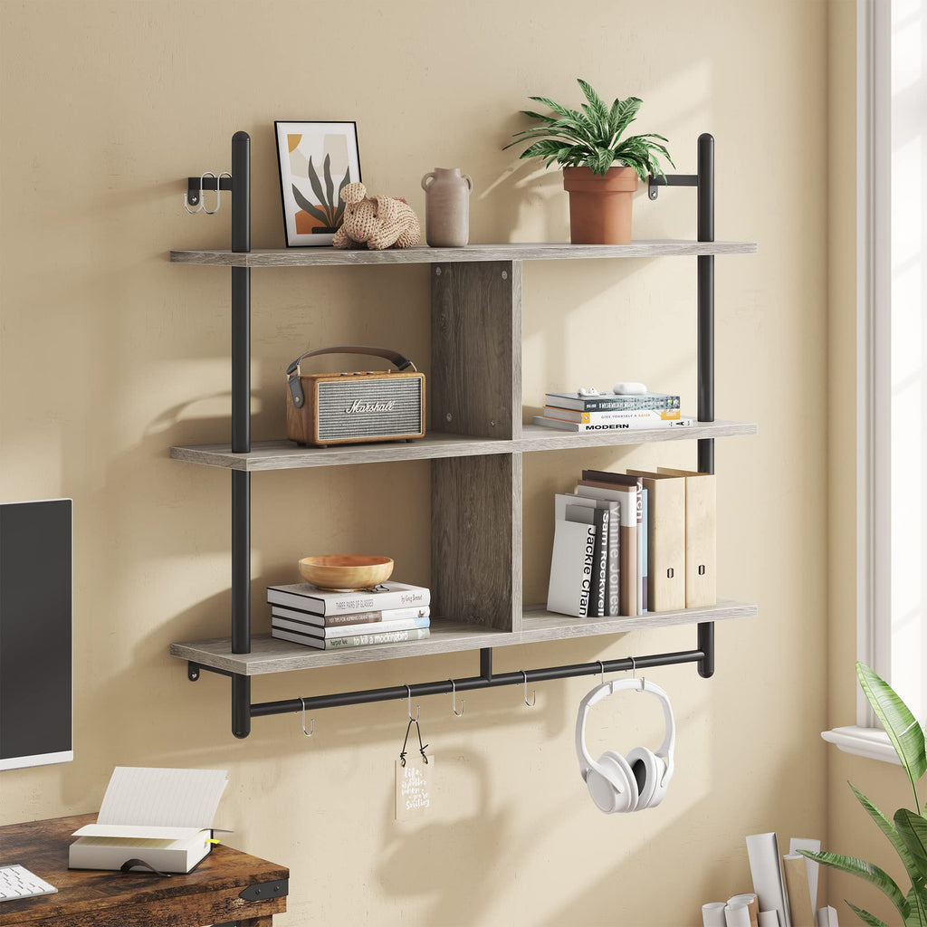 Bestier 41" Floating Kitchen Shelves Wall Mounted 3 Tier Coffee Bar Mug Shelf Hanging with 8 Hooks Display Plant Pipe Shelving for Living Room Kitchen Bathroom Balcony, Retro Grey