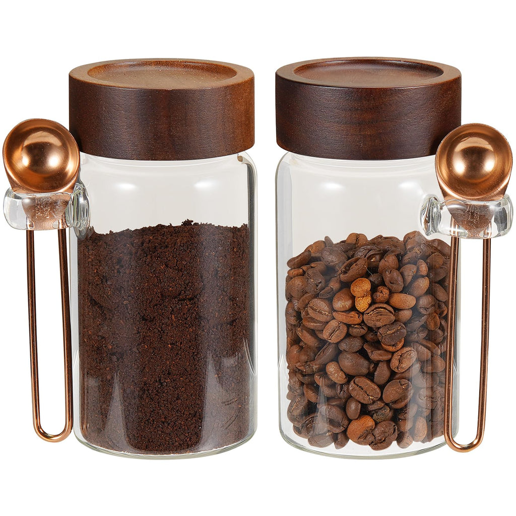 8oz Small Glass Spice Jar with Spoon Airtight Screw Wood Lid Clear Sugar Herb Container Food Storage Canisters Bottle for Seasoning Coffee Ground Bean Kitchen Tea Overnight Oats Bar(2×250ml(8.4oz))