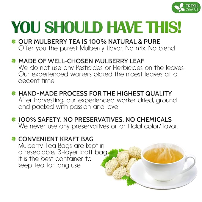 FreshDrinkUS Premium 75 Mulberry Leaf Tea Bags, 100% Natural & Pure. Loose Leaf Herbal Tea. Made with Natural Material Tea Bags. No Sugar, No Caffeine, No Gluten, Vegan