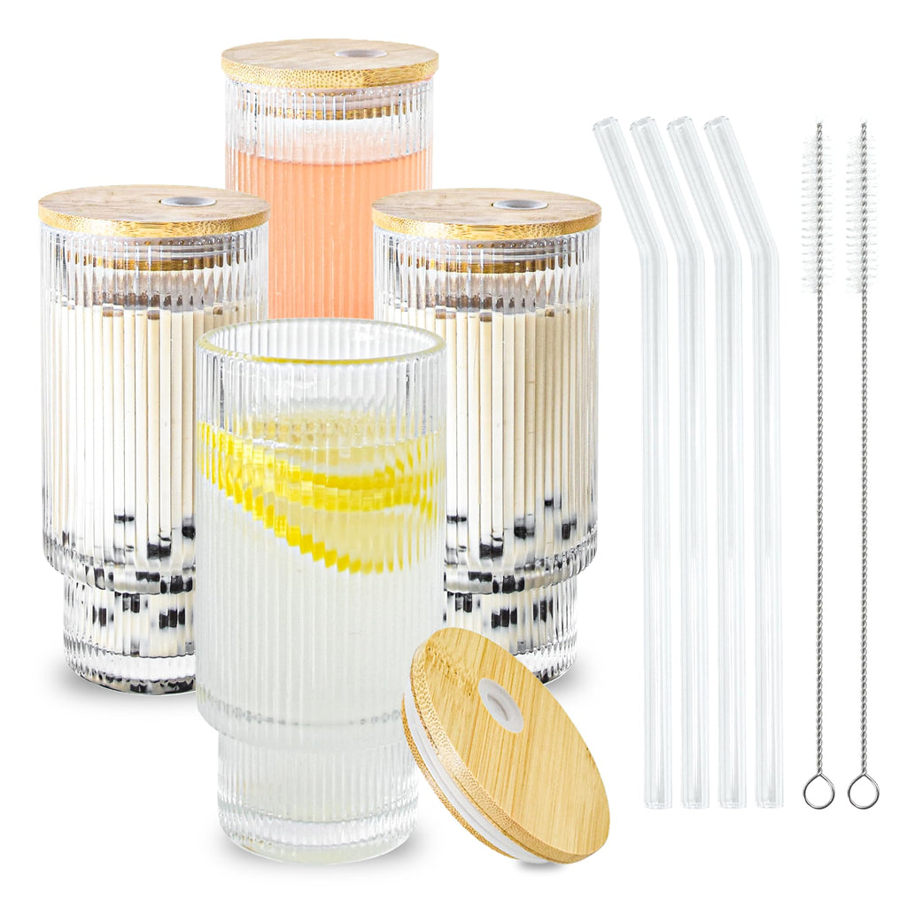 Icesip Glass Cups with Lids and Straws 16 oz Ribbed Drinking Glasses Set
