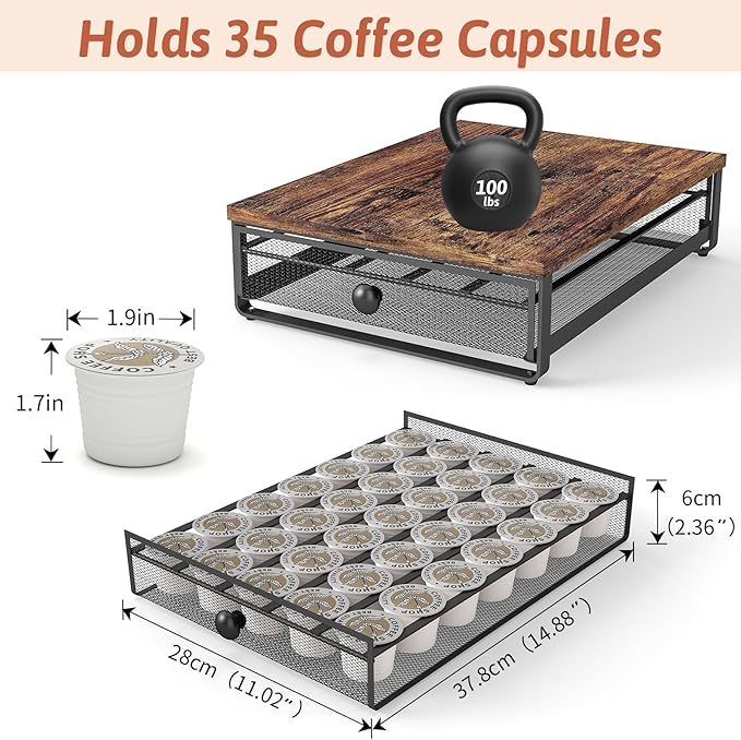 Coffee Pod Storage Drawer,with Sliding Baskets,Coffee Pod Holders for K Cups,35 Capacity Coffee Capsules Storage Organizer,Under Coffee Pot Storage Drawer,for Home Office, Kitchen (BROWN)