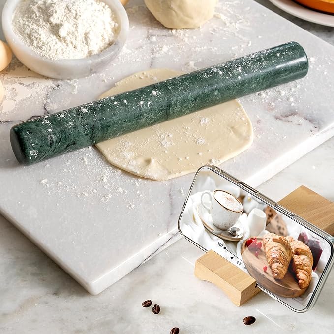 Marble French Rolling Pin for Baking, 12 Inch Non Stick Polished Rolling Pin for Dough, Heavy Dough Roller for Fondant Pizza Pie Crust Cookie Pastry Bread, Kitchen Baking (Indian Green)