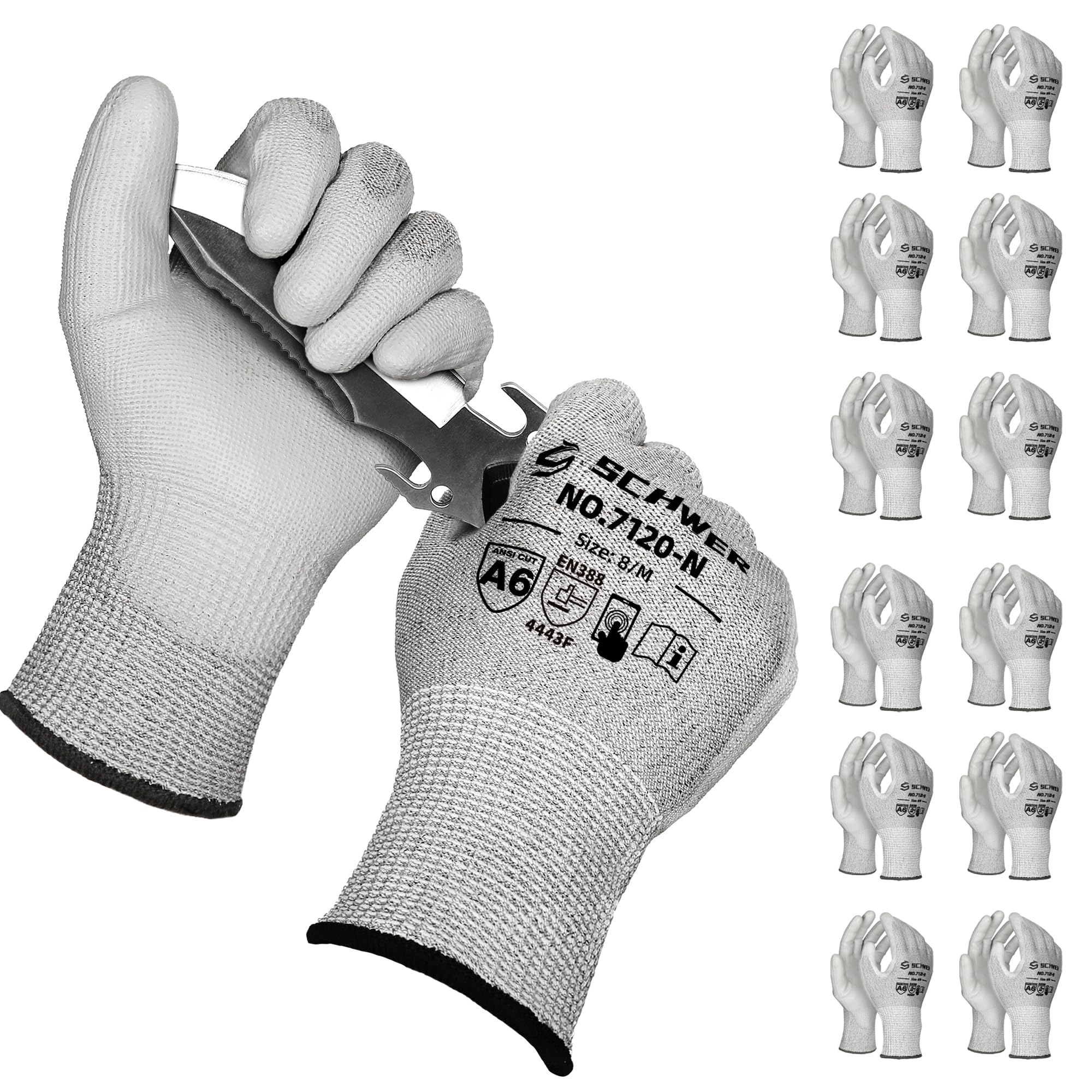 Schwer 12 Pairs A6/A7 (Send Randomly) Cut Resistant Work Gloves, CR7120, M