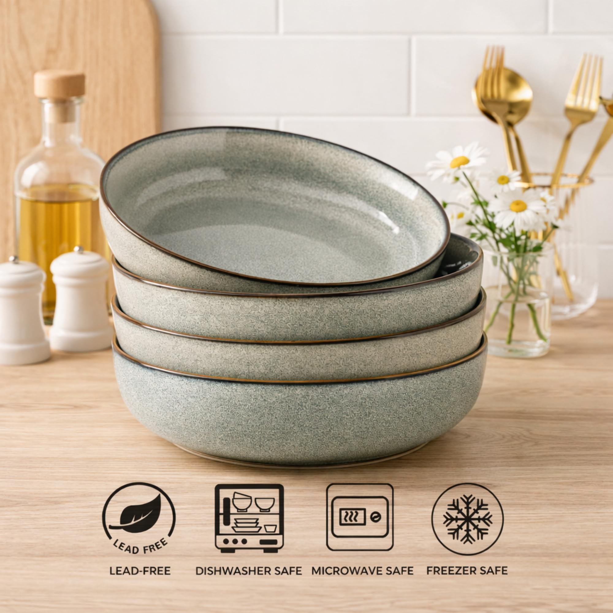 GBhome 8.75'' Large Ceramic Pasta Bowls, 38oz Stoneware Pasta Serving Bowls Set of 4 for Kitchen, Wide Bowls for Fruit,Pasta,Salad,Oatmeal,Meal, Microwave Safe, Reactive Glaze-Green Wheat