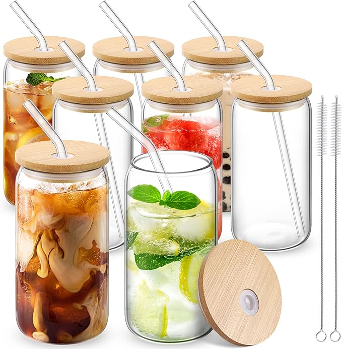 CWHHRN Glass Cups with Straw 6 Set, 16oz Beer Glasses, Glass Coffee Cups, Iced Coffee Glasses, Glass Tumbler for Whiskey, Soda