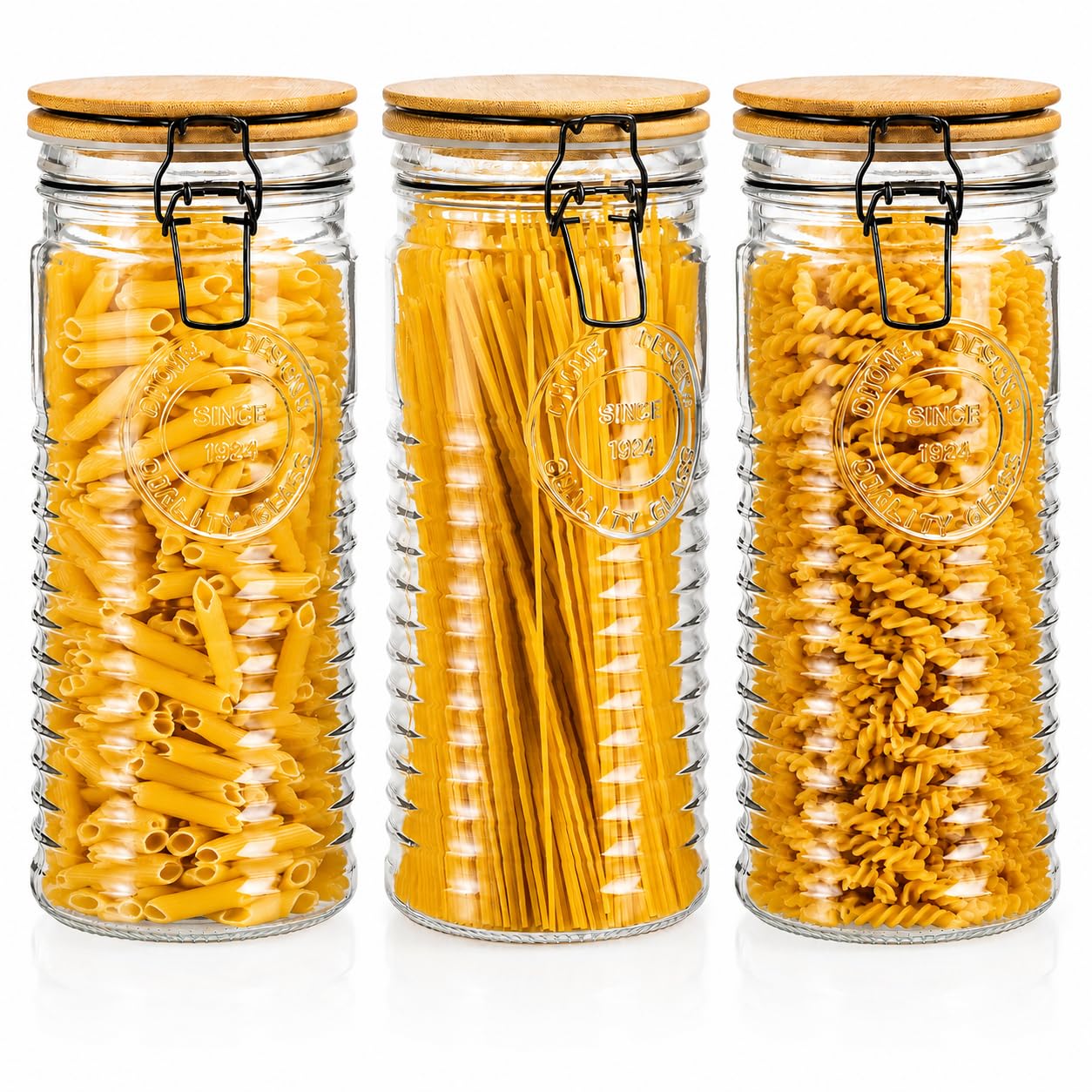 kitchentoolz Tall Glass Pasta Storage Containers with Airtight Clasp Lids - Set of 3 Glass Spaghetti Storage Containers for - 56 Ounce Pantry Organizing Canister Set - 9.75 Inch Tall