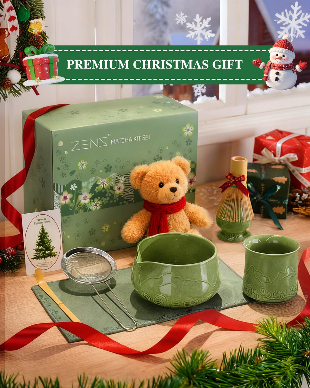 ZENS Premium Matcha Whisk Set with Blooming Cup, 7pcs Matcha Set, Green