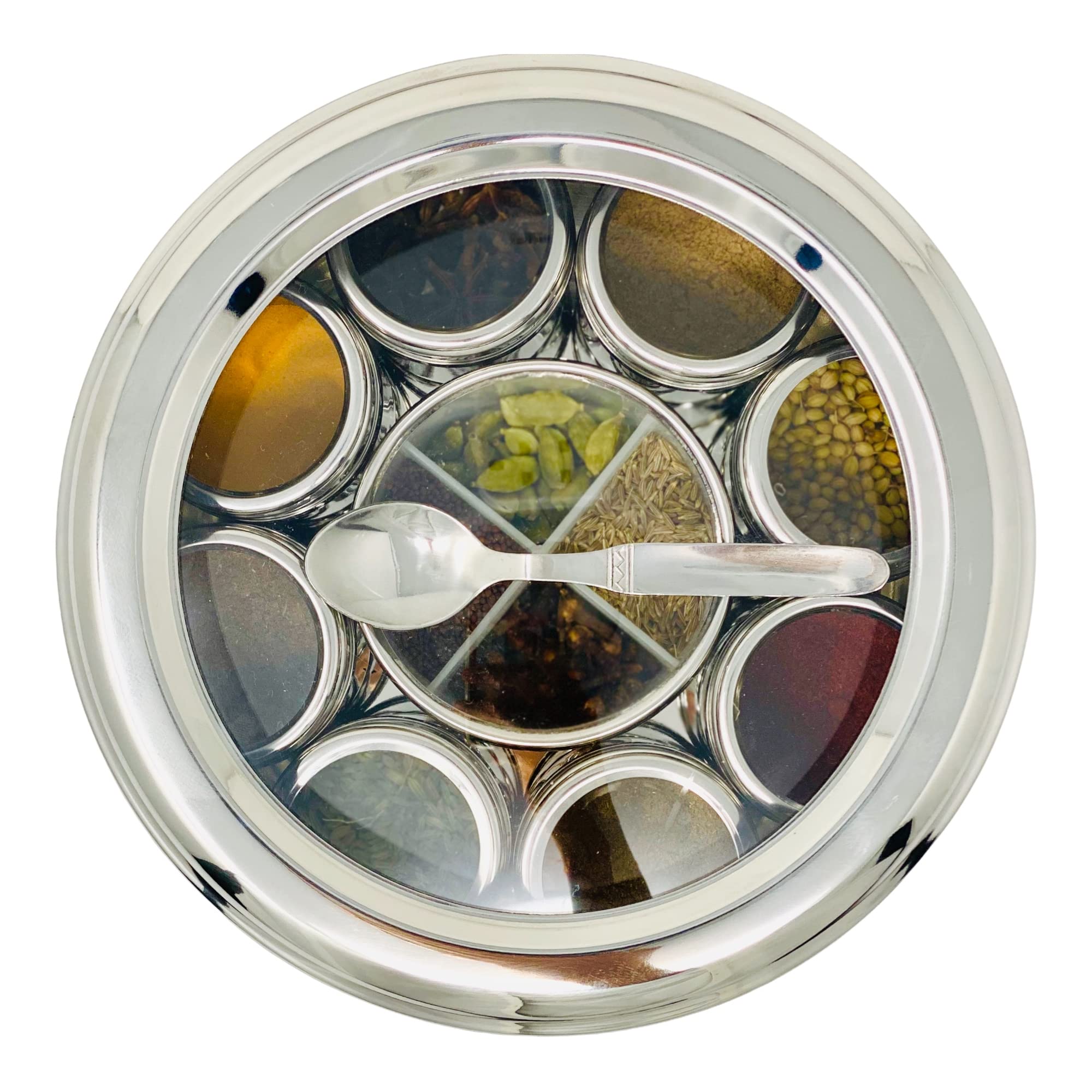 spice dabba Stainless Steel Indian Spice Box, Steel Masala Dabba 12 Spices, Lid Spice Box, Authentic Spices, Masala Box with Individual containers | Size 9 x 9 x 3 IN (Indian Spice Box Only)