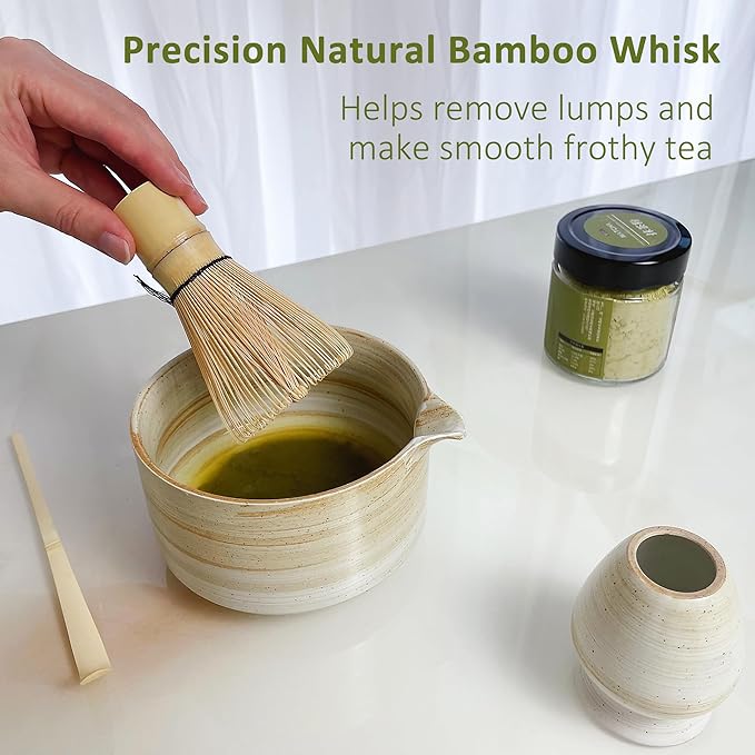 4pcs Matcha Set, Japanese Matcha Kit with Whisk, 17oz Ceramic Bowl with Spout, Whisk Holder & Bamboo Scoop for Starter, Tea Ceremony, Tea Lover, Gift