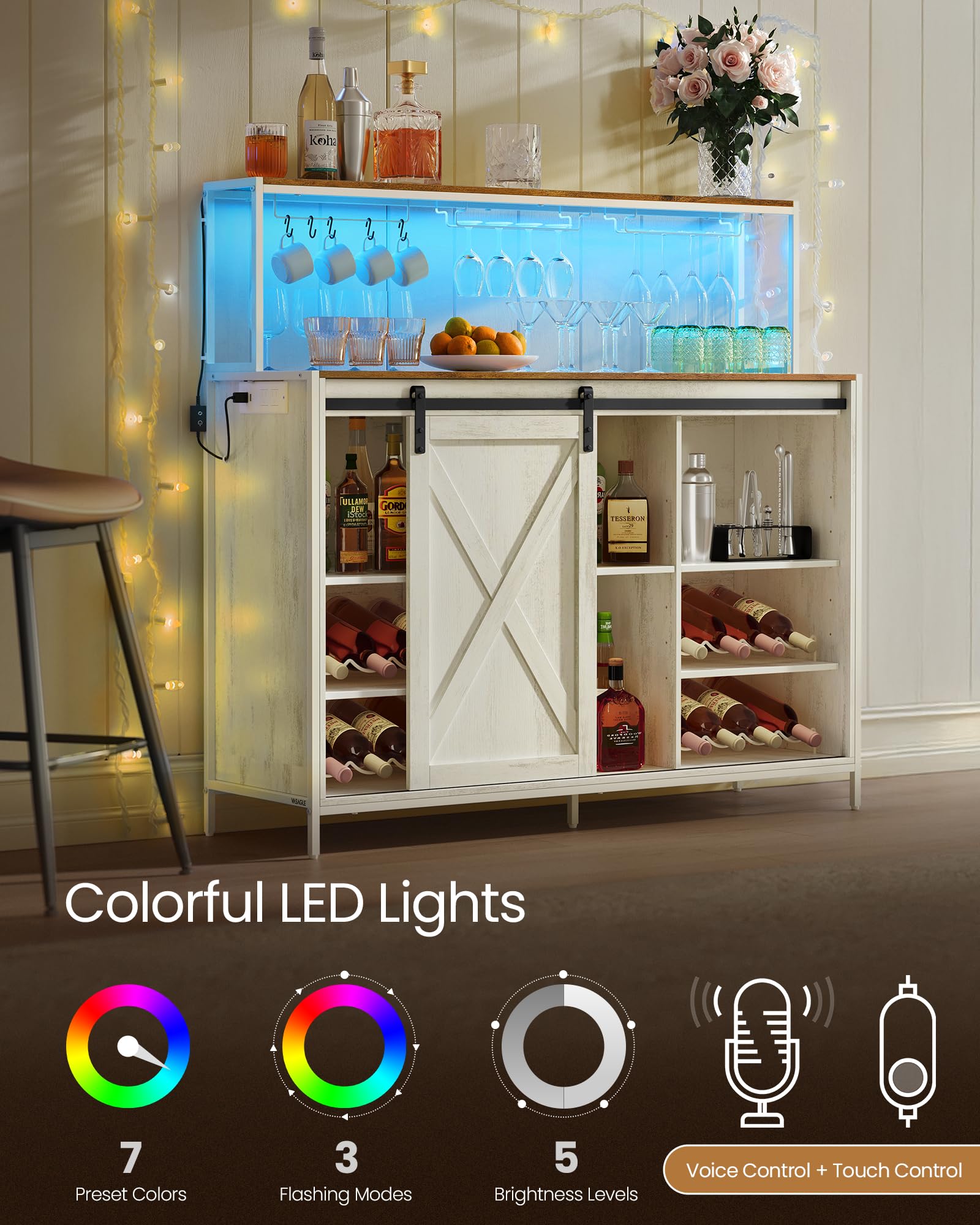 VASAGLE Coffee Bar Cabinet with Power Outlet and Voice Control LED Light, Buffet Cabinet with Sliding Barn Doors, S Hooks, Wine Glass Racks, Bottle Holders, Rustic White and Honey Brown ULSC201W01