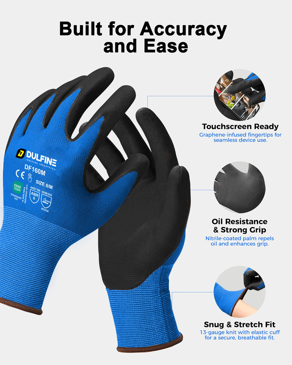 DULFINE MicroFoam Nitrile Coated 12 Pairs Work Gloves for Men Blue S
