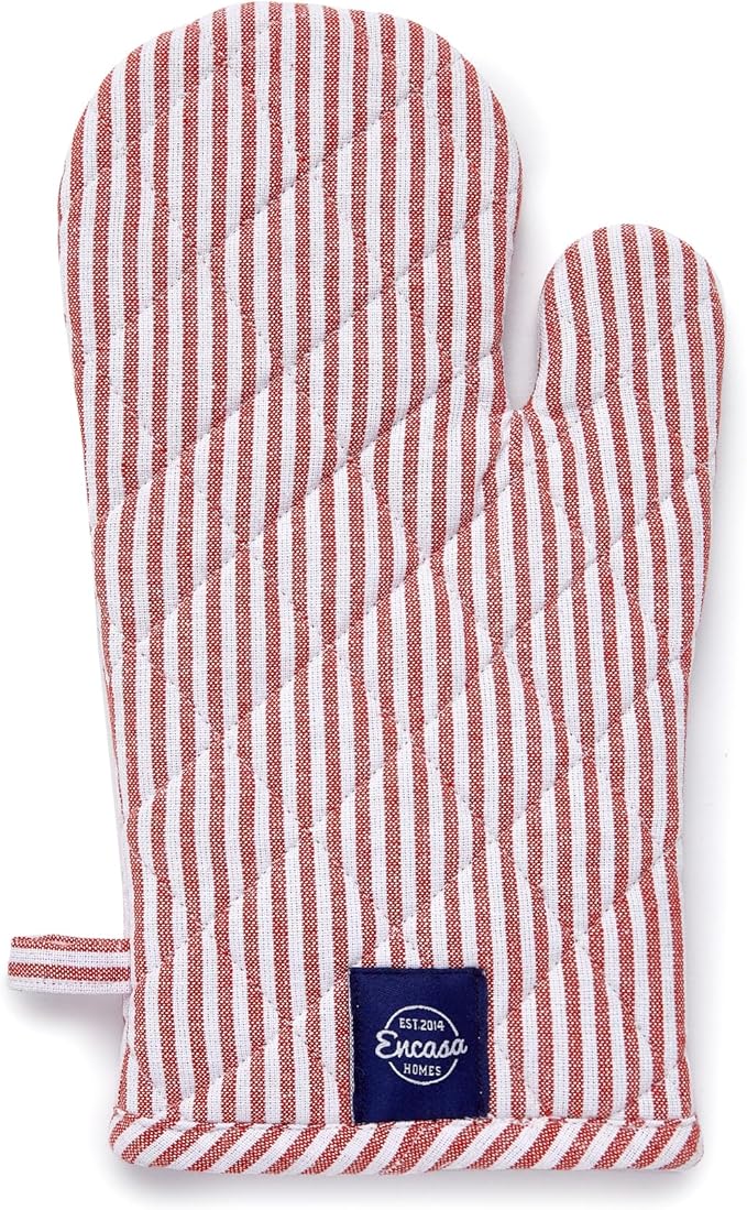 Encasa Homes Long 12"x7" Oven Microwave Hand Gloves Mitts (2 pc Set) for Kitchen Cooking & Baking - Heat Resistant, Thick & Safe, Protection of Hands from Hot Utensils - Ticking Red