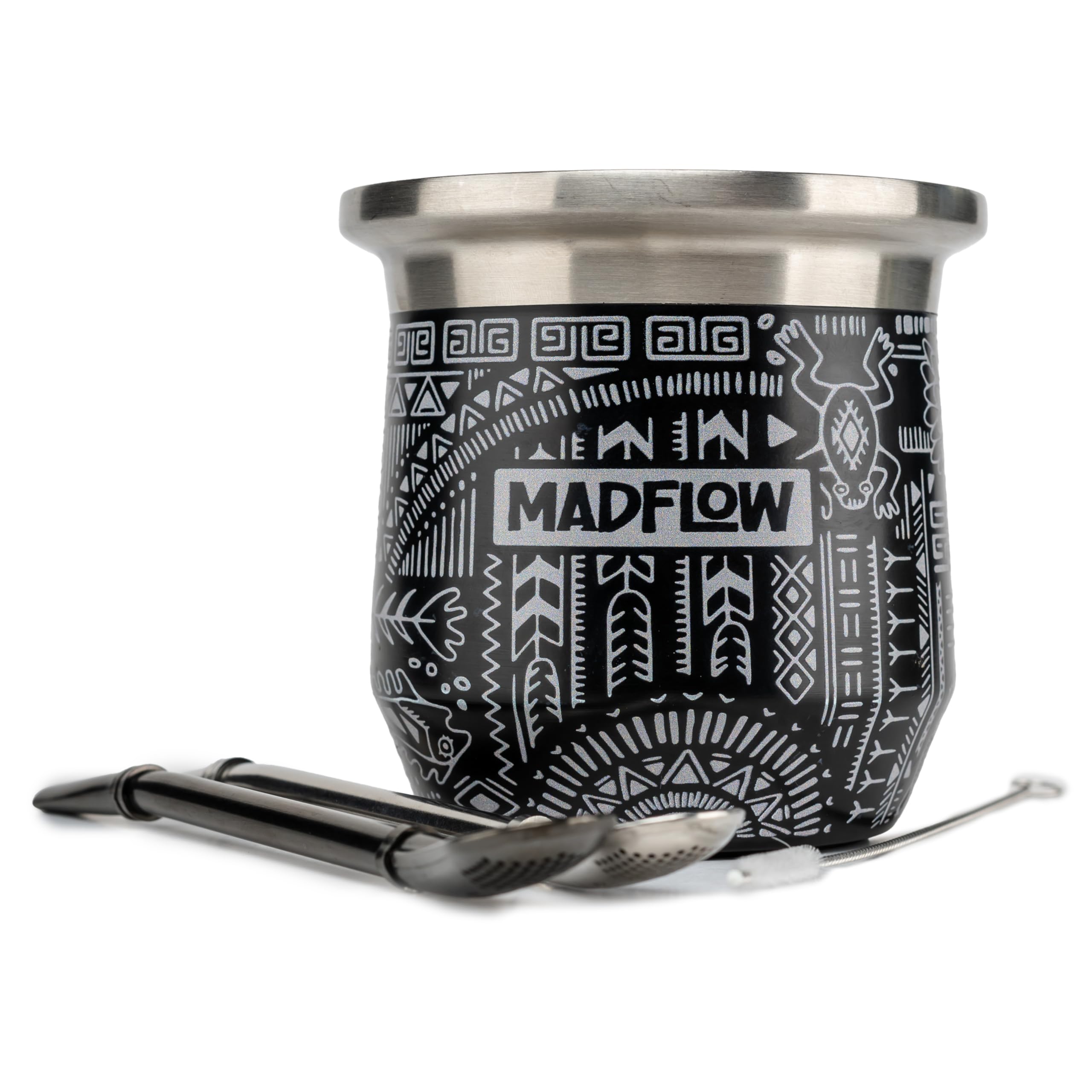 MADFLOW Yerba Mate Cup. Stainless Steel Mate Cup with 2 Bombillas. Double Wall Vacuum Insulated Yerba Mate Gourd. Unique Mate Cup And Bombilla Set