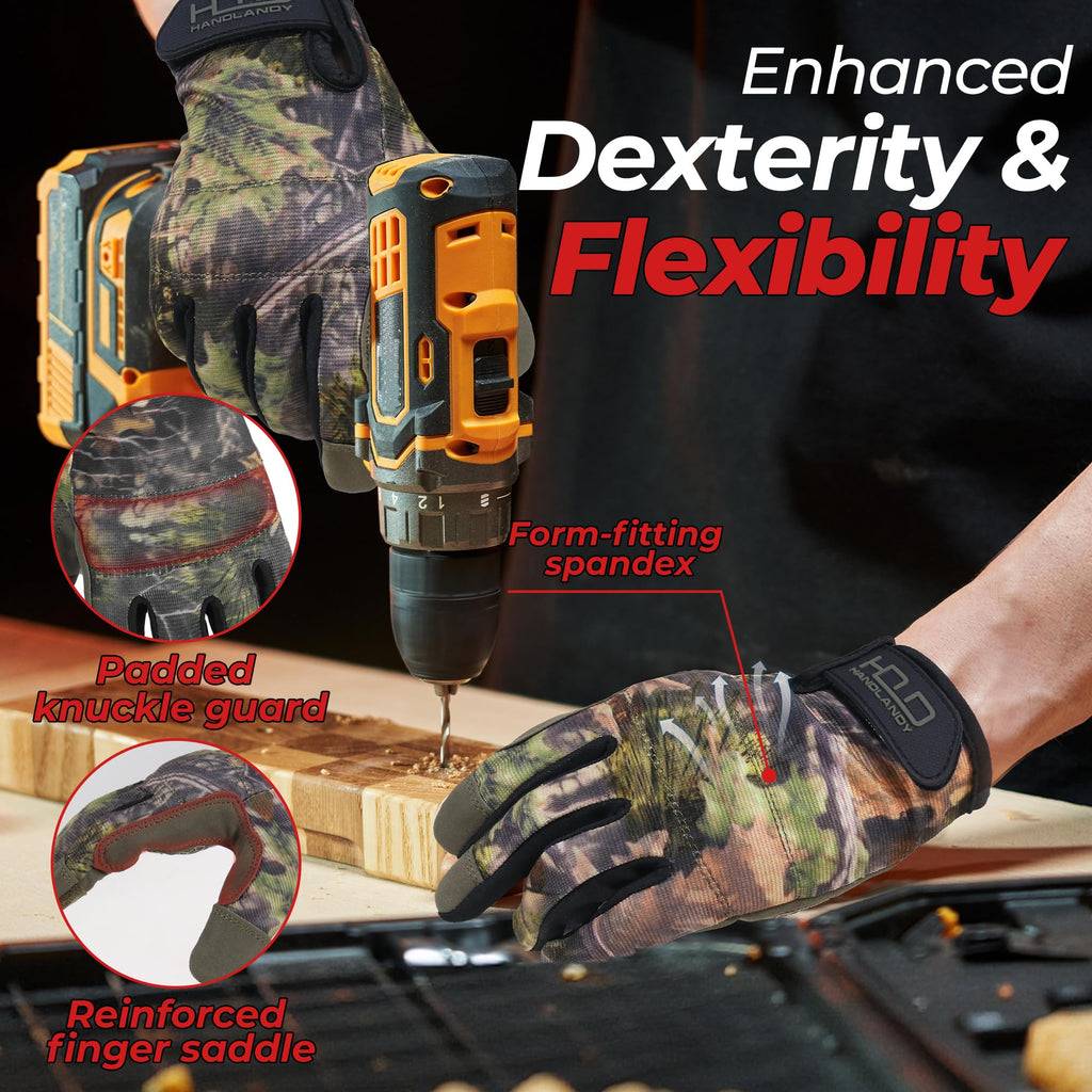 HANDLANDY Work Gloves for Men & Women, Utility Mechanic Gloves Touch Screen with Grip, Flexible Breathable Camo Tactical Gloves for Outdoor Activity (2X-Large, 1 Pair)