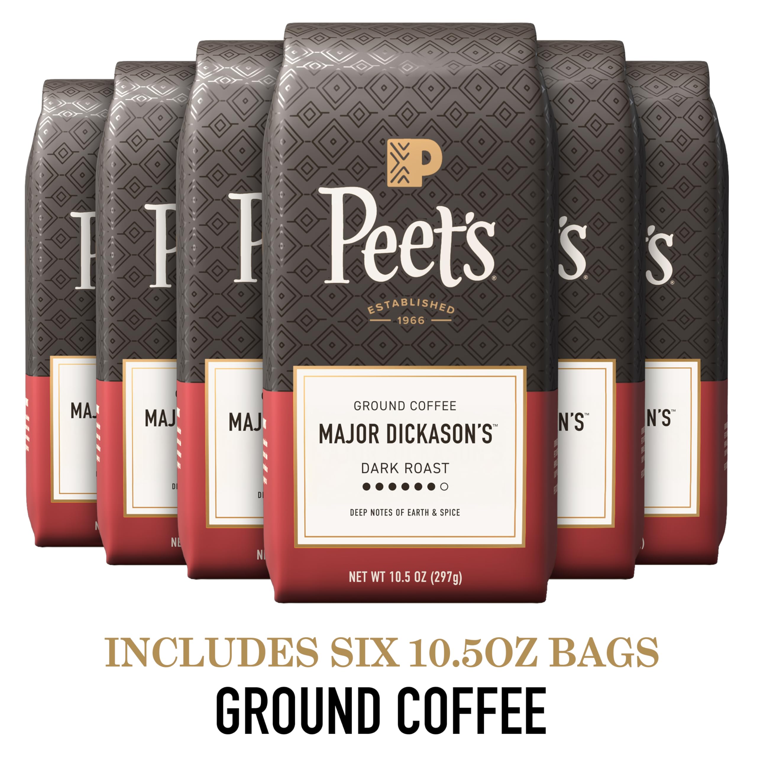 Peet's Coffee, Dark Roast Ground Coffee, 100% Arabica Coffee - Major Dickason's Blend 63 Ounces (6 Bags of 10.5 Ounces)