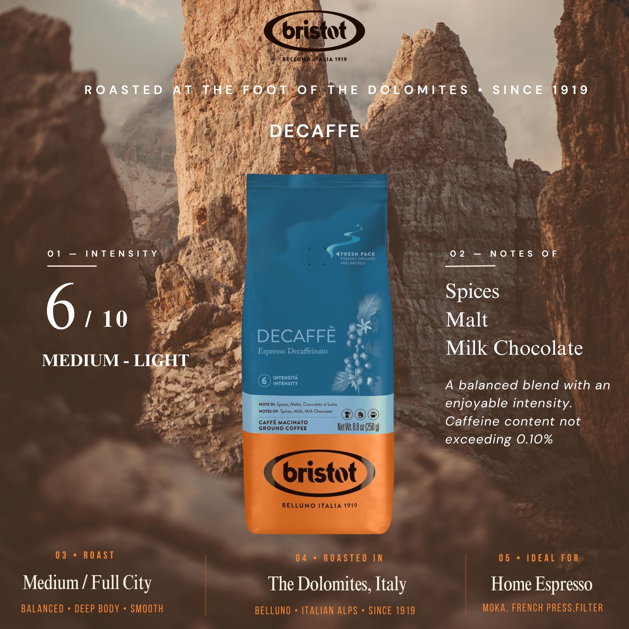 Bristot Decaf Ground Espresso – Medium Roast Italian Coffee – Smooth & Bold Flavor – For Moka, French Press and Filter - 8.8 oz (250g)
