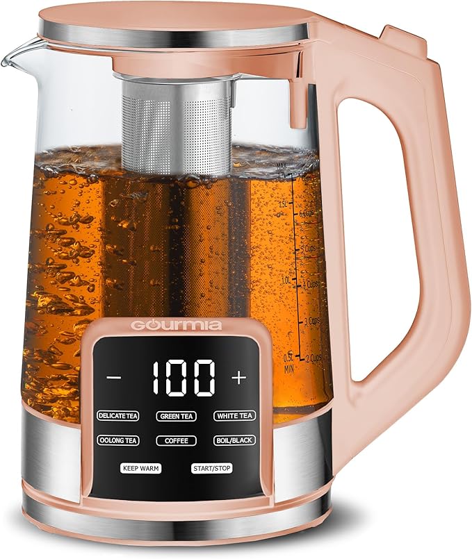 Gourmia Electric Glass Kettle – 1.7L Programmable Tea & Coffee Brewer with Digital Touch Display, 6 Presets, Removable Stainless Steel Infuser, Cordless with 360° Swivel Base