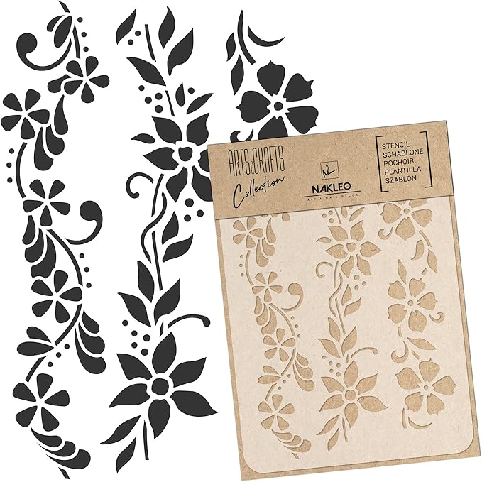 NAKLEO Painting Stencil for Crafts A5 5.9” x 8.3”, Flowers Frame Floral Pattern, Reusable Plastic DIY & Scrapbooking Drawing Template, Decoupage Art Home Decor, Wall Wood Fabric Furniture