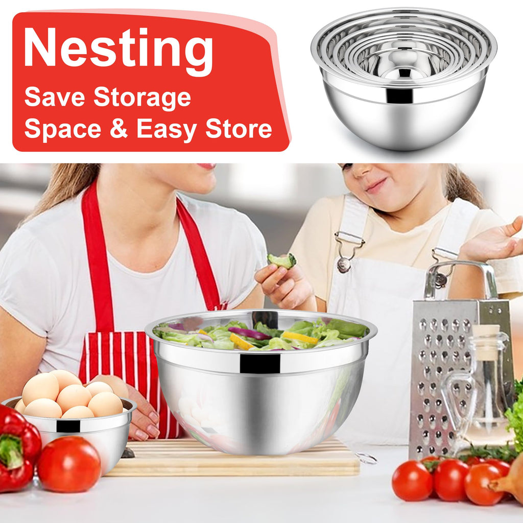E-far Mixing Bowls with Lids, 12-Piece Stainless Steel Salad Bowls Metal Nesting Bowls for Baking Cooking and Prepping, Airtight Lids & Stackable Design, Size 7, 4.5, 3, 1.5, 1.2, 0.7 QT (Red)