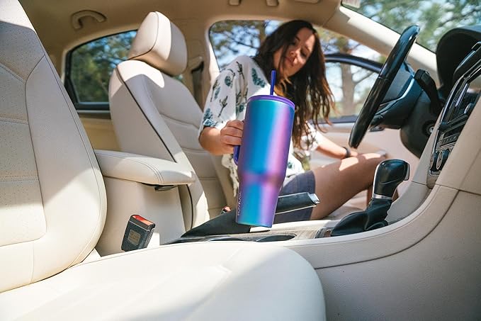 IRON °FLASK Co-Pilot Insulated Mug w/Straw & Flip Cap Lids - Cup Holder Bottle for Hot, Cold Drink - Leak-Proof - Water, Coffee Portable Travel Mug - Dark Rainbow, 40 Oz