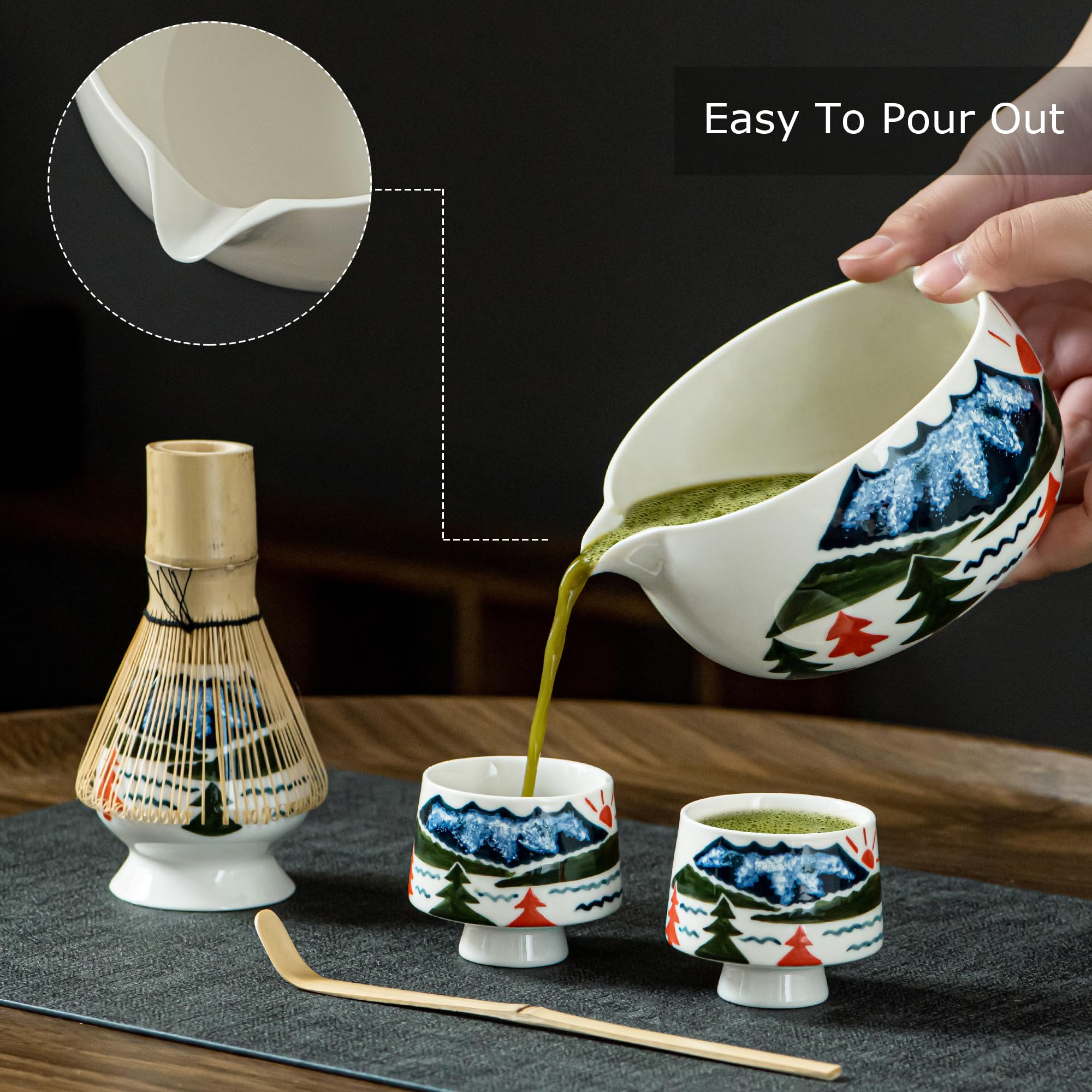 Matcha Whisk Set with Spout, Bowl & Holder, Cute Ceramic Japanese Teacups