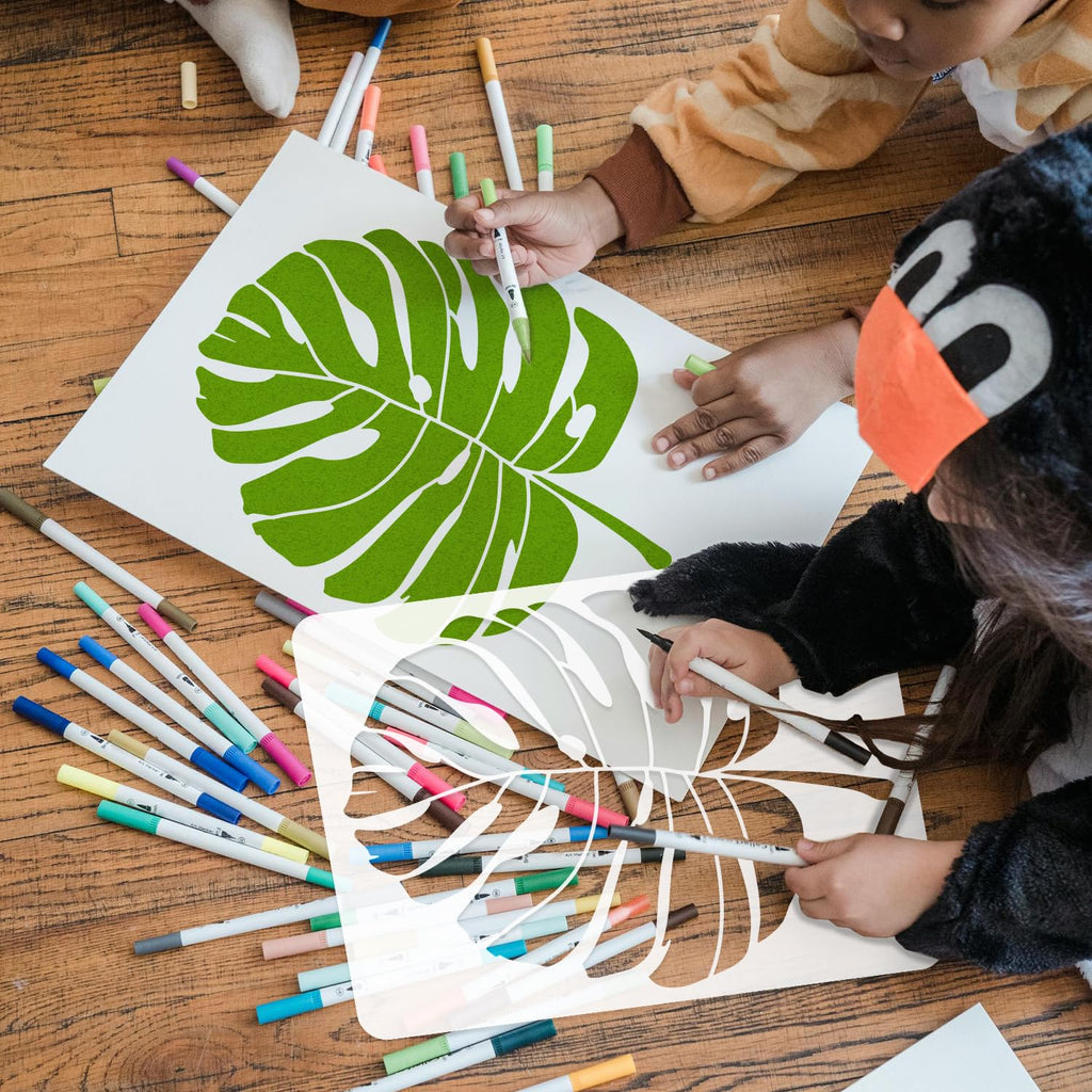 TWINKLEMON 6PCS Large Leaf Stencils for Painting on Walls 16 x 12 Inch Plant Stencil with Brushes Palm Leaf Wall Stencil Tropical Leaves Stencils Plastic Drawing Templates for Wall Furniture Fabric