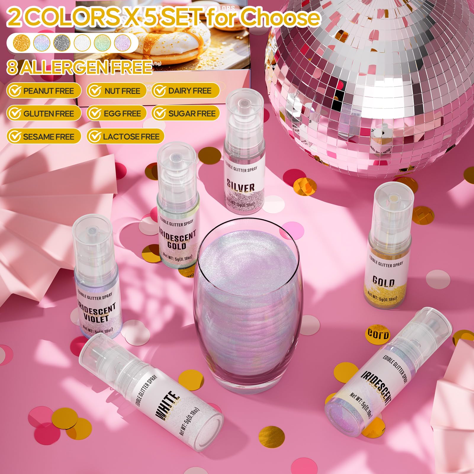 Edible Glitter Spray,Gold & Silver 2 Colors Food Grade Edible Glitter Set for Drink Cake Beverages,Cupcakes,Cake Pops and Cookies Decorating