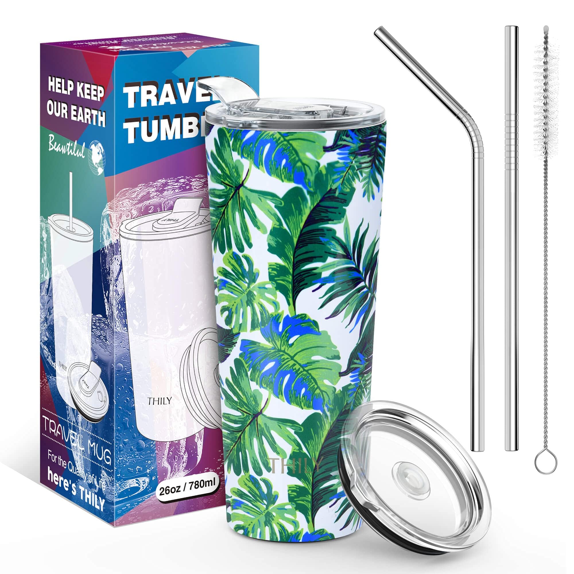 THILY Tumbler Stainless Steel Coffee Cup 26 oz Triple-Insulated Travel Mug with Splash-Proof Lid, for Ice Drinks and Hot Beverage Smoothies Cup, Green Plants