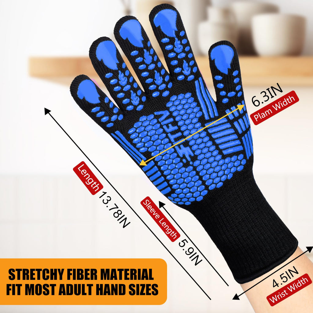FITFIV BBQ Gloves, Oven Gloves, 1472°F Extreme Heat Resistant Barbecue Gloves, Silicone Non-Slip Oven Mitts, Kitchen for Cooking, Grilling, and Baking