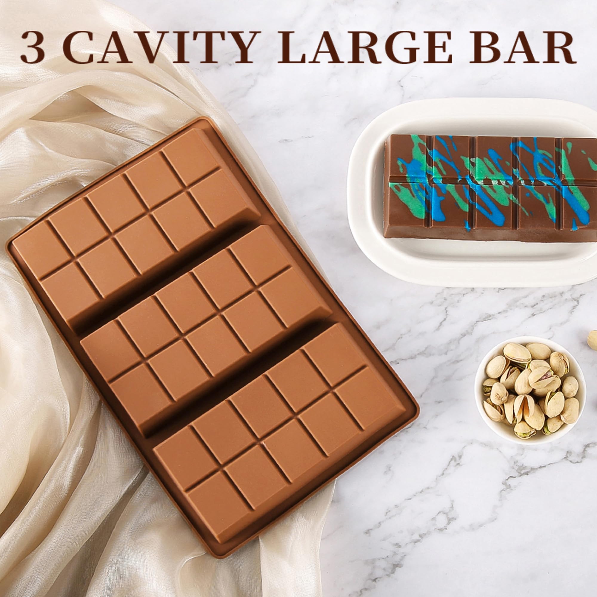 Cunacio 1 Inch Deep Chocolate Bar Mold, 3 Cavity Large Dubai Chocolate Molds, Thick Candy Bar Mould for Filling（3 Packs）