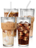 Amyoole 20 oz with Lids and Straws Ribbed Glass Cup Set of 4