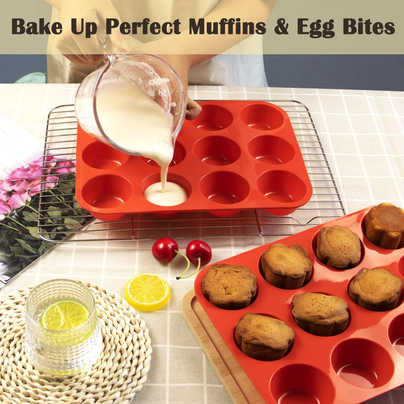 LERIYUFS 12 Cups Silicone Mini Muffin Pan Set, Nonstick Mini Cupcake Pans, BPA Free Small Muffin Tin for Baking, Set of 2 (Red+Red)