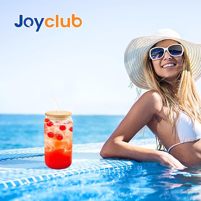 Joyclub Glass Cups with Bamboo Lids and Straws 4 Set 16 oz Reusable Iced Coffee Cup Beer Can Drinking Jars for Smoothie Whiskey Boba Soda Tea Gift